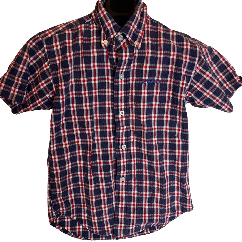 Polo Sport Boys Short Sleeve Seersucker Button Up Size 5 Red White Blue SpellOut